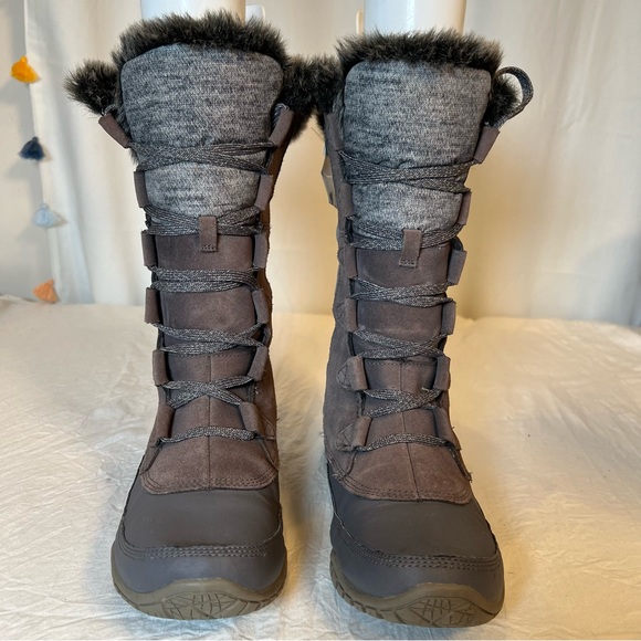 North Face Boots Nuptse Purna Gray&Brown Suede Faux Fur Trim Mid Calf Women’s 9 - Picture 2 of 10